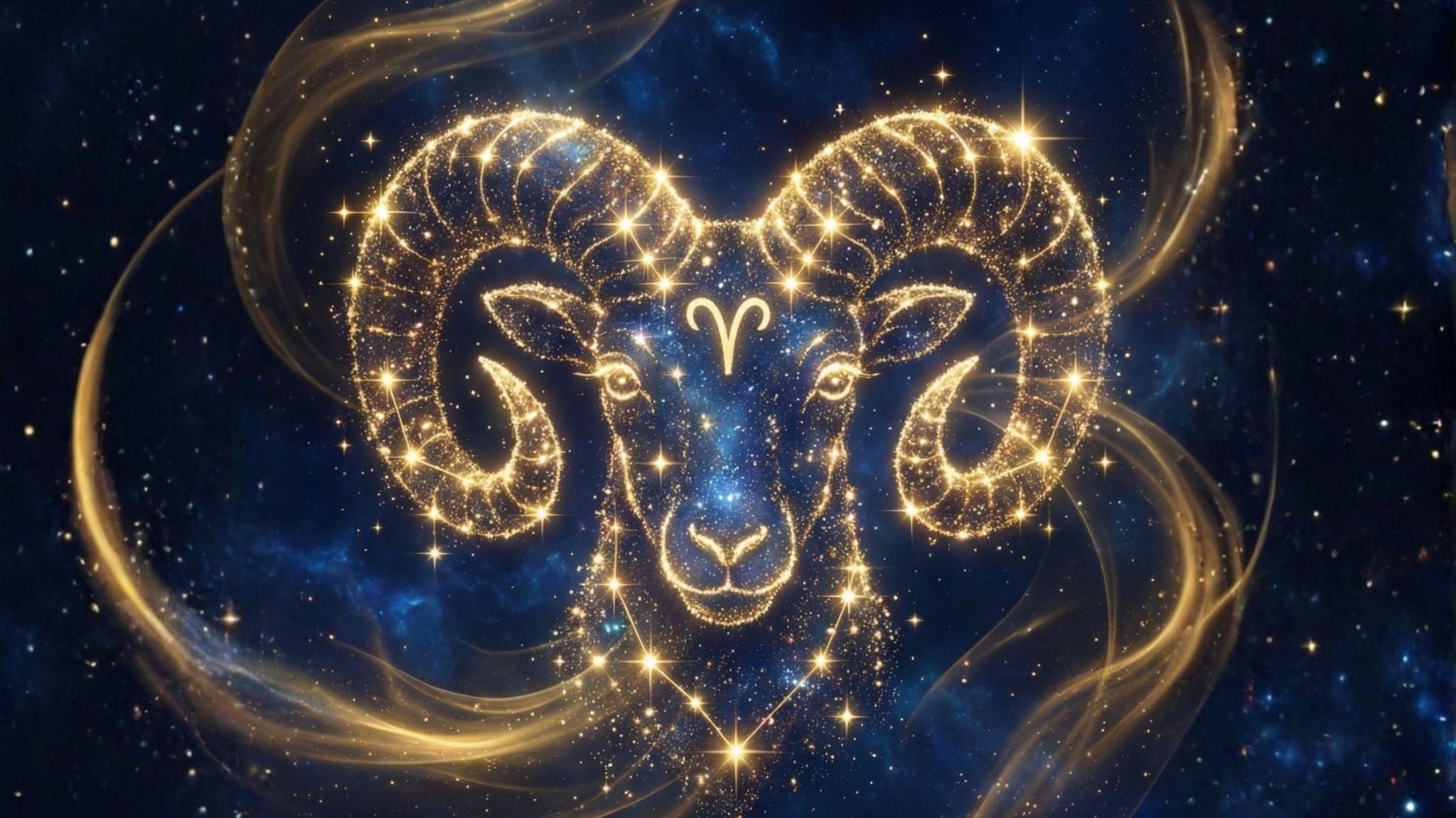 Signo zodiacal Aries representado con energía dorada, asociado al liderazgo, la fuerza interior y la acción