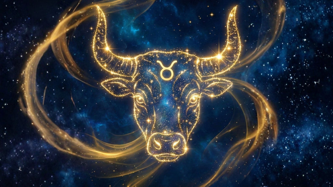 Ilustración artística del signo zodiacal Tauro con energía dorada, símbolo de estabilidad, fuerza y constancia