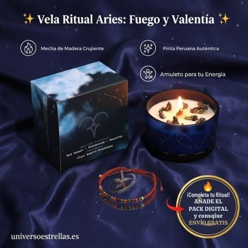 Vela Ritual Aries: Fuego y Valentía + Pulsera de Piedras Preciosas