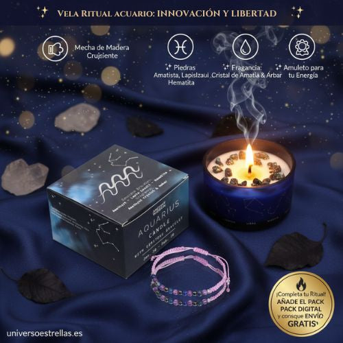 Vela Ritual Acuario: Visión de Futuro, Creatividad y Pulsera de Gemas Naturales