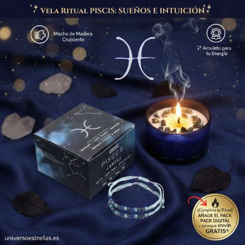 Vela Ritual Piscis: Intuición Espiritual, Sueños y Pulsera de Gemas Naturales