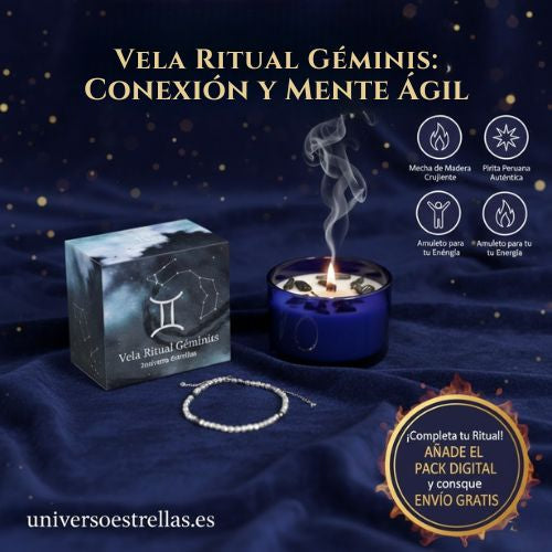 Vela Ritual Géminis: Claridad Mental, Ingenio y Pulsera de Gemas Naturales